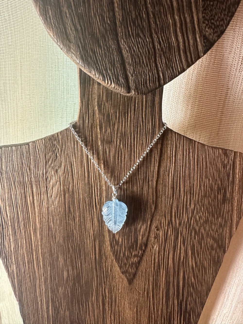 Small Aquamarine Leaf Pendant on Sterling Silver Bail and Silver Plated Chain - Picture 14 of 15